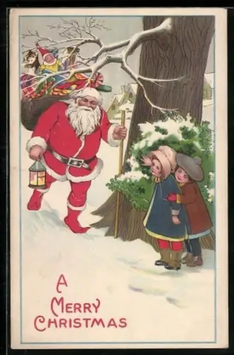 AK zwei Kinder beobachten den Weihnachtsmann