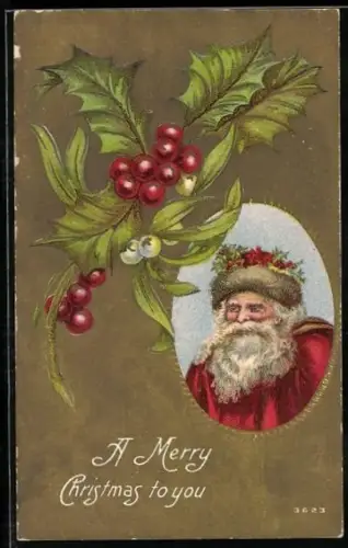 Künstler-AK Weihnachtsmann mit Stechpalmenzweigen auf der Mütze, A Merry Christmas to you