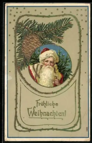 Künstler-AK Weihnachtsmann mit Tannenbaum, Fröhliche Weihnachten