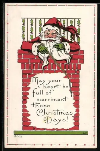 Künstler-AK Lächelnder Weihnachtsmann guckt aus dem Schornstein