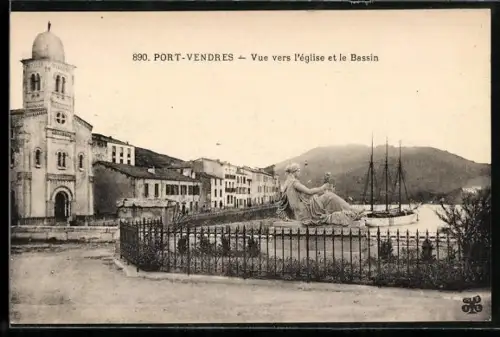 AK Port-Vendres, Vue vers l`église et le Bassin