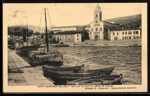 AK Port-Vendres /Pyr.-Or., Un coin du port de pêche et l`église