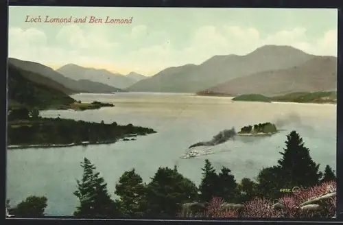 AK Loch Lomond, View of the lake with Ben Lomond in the background, steamer on the lake