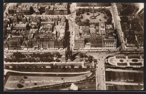 AK Edinburgh, Princes Street and Scott Monument, aerial view