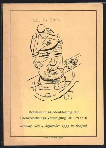 Künstler-AK Erstfeld, Mobilisations-Gedenktag der Grenzbesetungs-Vereinigung Uri 1914/1918 1955