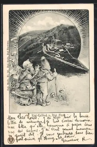 AK Rigi-Kaltbad, Zwerge blicken auf einen Teil des Ortes