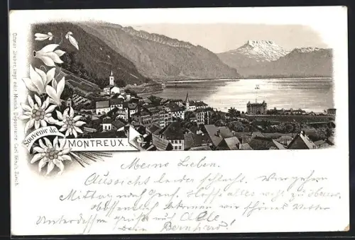 Lithographie Montreux, Ortsansicht aus der Vogelschau