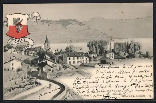 AK Cully, Blick auf den Ort, Wappen