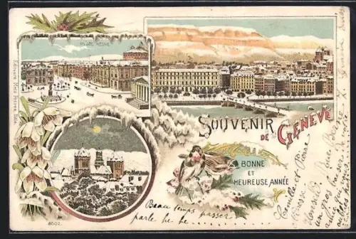 Lithographie Genève, Place Neuve, St. Pierre, Pont