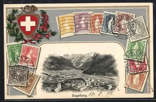 AK Engelberg, Ortsansicht mit Briefmarken