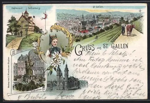 Lithographie St. Gallen, Restaurant Falkenburg, Börse mit Brunnen, Stiftskirche