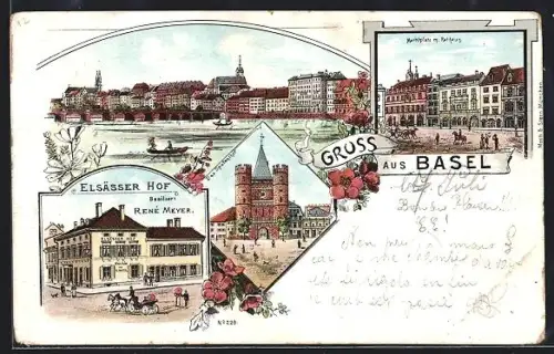 Lithographie Basel, Gasthaus Elsässer Hof, Bes. René Meyer, Marktplatz mit Rathaus