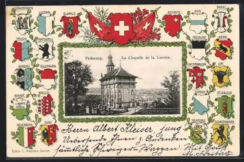 AK Fribourg, la Chapelle de la Lorette, Wappen der Schweizer Kantone