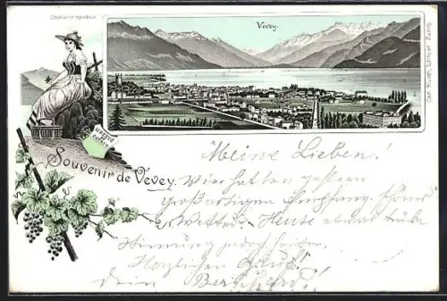 Lithographie Vevey, Panorama mit Ort, See und Gebirge, Costume vaudois
