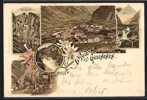 Lithographie Göschenen, Teufelsbrücke, Ortsansicht