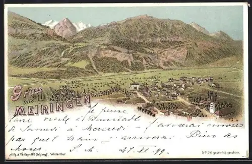 Lithographie Meiringen, Ortsansicht mit Bergpanorama