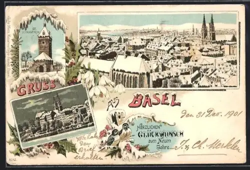 Winter-Lithographie Basel, Pfalz, St. Johannthor, Blick über die Dächer