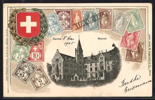 AK Aarau, Museumsgebäude, geprägtes Passepartout mit Schweizer Wappen und Briefmarken