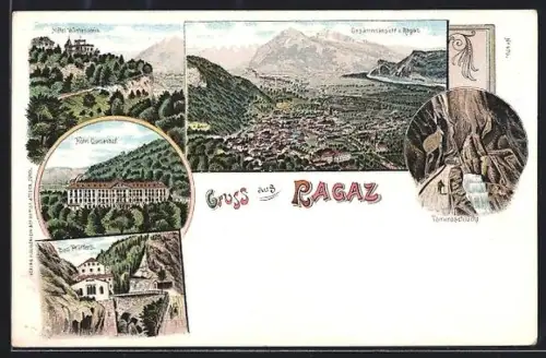 Lithographie Ragaz, Hotel Quellenhof, Hotel Wartenstein, Bad Pfäffers