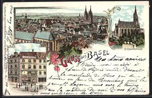 Lithographie Basel, Ortsansicht, St. Elisabethkirche, Laden von Julius Brann