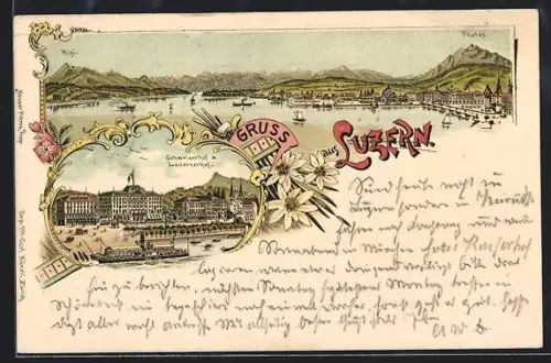 Lithographie Luzern, Ortsansicht mit Rigi und Pilatus, Schwizerhof & Luzernerhof