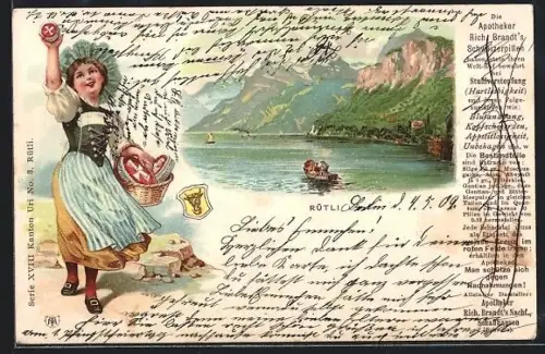 Lithographie Rütli, Ruderboot auf dem Wasser, Mädchen mit Rich. Brandt`s Schweizerpillen