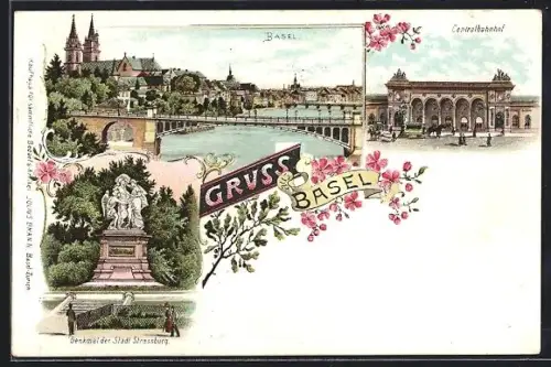 Lithographie Basel, Strassburger Denkmal, Centralbahnhof, Teilansicht mit Rheinbrücke