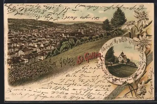 Lithographie St. Gallen, Falkenburg, Blick über den Ort