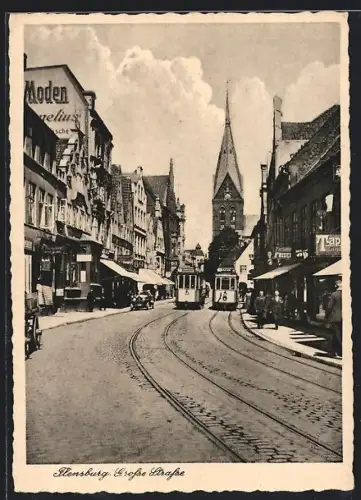 AK Flensburg, Grosse Strasse mit Strassenbahn