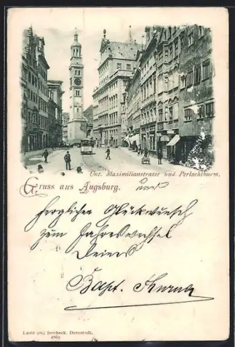 AK Augsburg, Strassenbahn in der Maximilianstrasse mit Blick zum Perlachturm