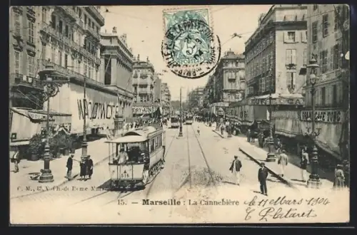 AK Marseille, La Cannebière, Strassenbahn