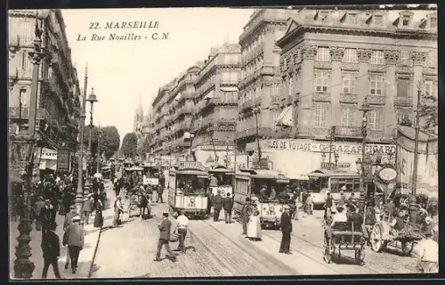AK Marseille, La Rue Noailles, Strassenbahn