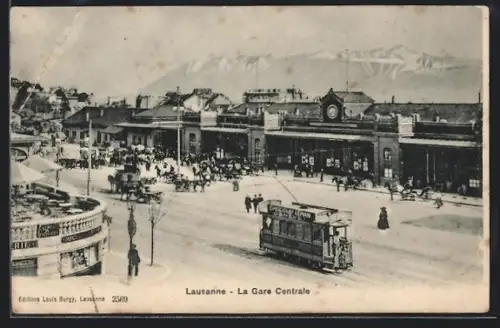 AK Lausanne, La Gare Centrale, Strassenbahn