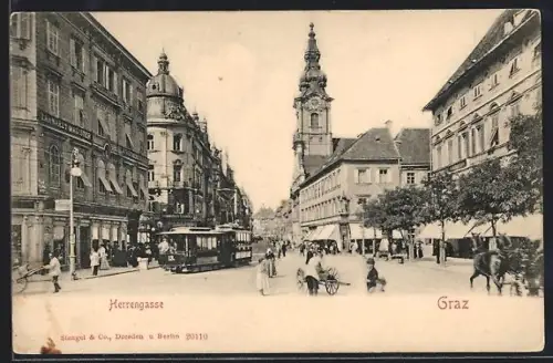 AK Graz, Strassenbahn in der Herrengasse, Pferdekutsche
