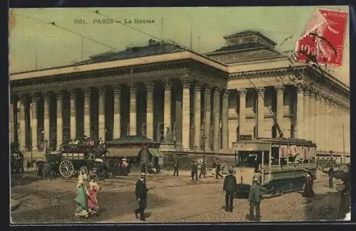 AK Paris, La Bourse, Strassenbahn