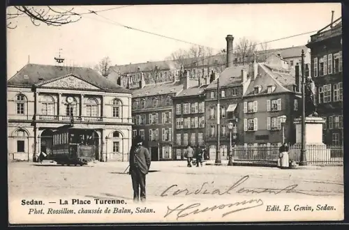 AK Sedan, La Place Turenne, Strassenbahn