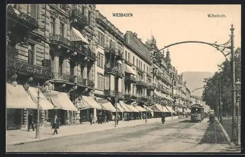 AK Wiesbaden, eine Strassenbahn in der Wilhelmstrasse