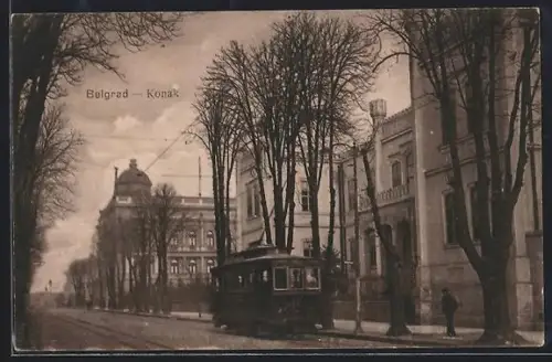 AK Belgrad, Konak, Strassenpartie mit Strassenbahn