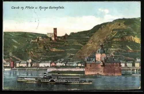 AK Caub, Ortsansicht m. Pfalz und Ruine Gutenfels