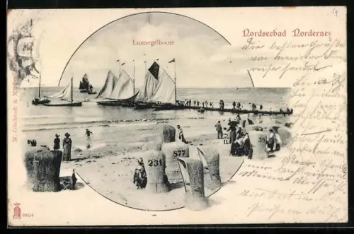 AK Norderney, Lustsegelboote vom Strand aus