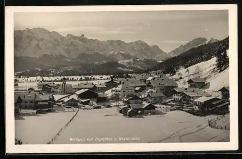 AK Wallgau, Ortsansicht mit Alpspitze und Wetterstein