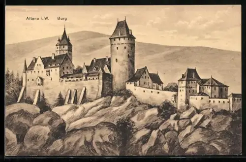 Künstler-AK Altena i. W., Blick zur Burg