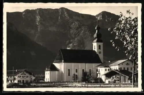 AK Inzell a. d. deutschen Alpenstrasse, Ortsansicht mit Rauschberg, Bäckerei