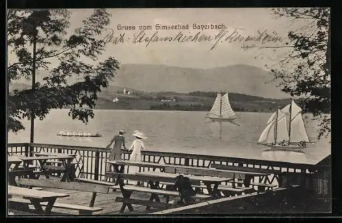AK Bayerbach / Simsee, Segelboote von der Terrasse