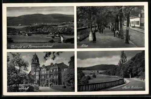 AK Detmold, Hermannsdenkmal, Allee, Schloss, Strasse nach Hiddesen