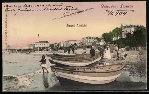 AK Bansin, Strand-Ansicht mit Booten
