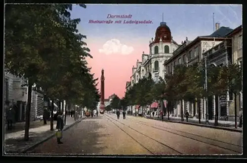 AK Darmstadt, Rheinstrasse mit Ludwigsäule
