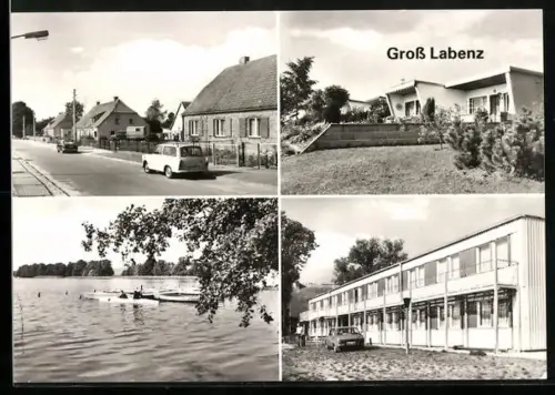 AK Gross Labenz /Sternberg, Wohnhäuser, See mit Booten, Ferienheim