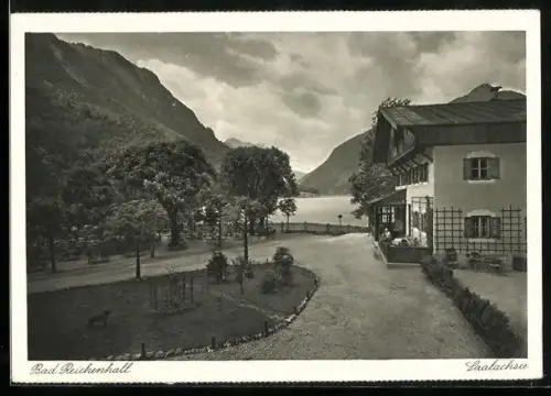 AK Bad Reichenhall, Saalachsee mit Gasthaus und Bergblick