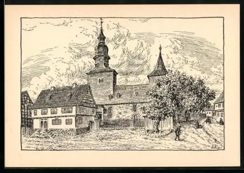 Künstler-AK Gehren / Thüringen, 3. Kantorat, Kirche, Wohnhaus Johann Michael Bach